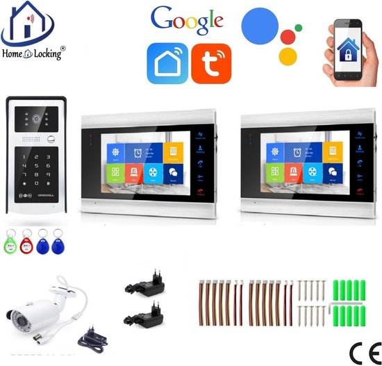 WIFI videofoon met 1 deurbel camera + 2 binnen paneel/schermen + camera en kan werken met spraak gestuurde apps. T-2103-1-2-C van Smartwares