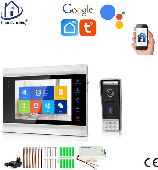 WIFI videofoon/intercom met 1 deurbel camera + 1 binnen paneel/scherm en kan werken met spraak gestuurde apps. T-2101V