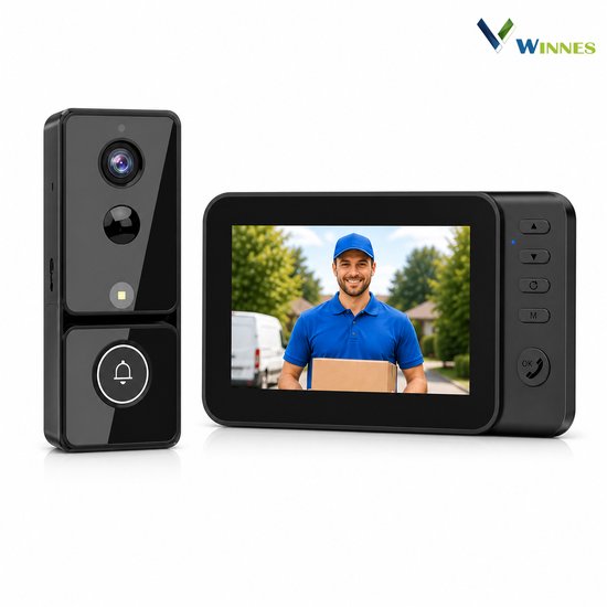 WINNES Draadloze Video Deurbel met 4.3” Monitor – Geen App, Geen WiFi – 2.4G Verbinding – 170° Camera – Nachtzicht – 4000mAh Batterij – Intercom & Opname
