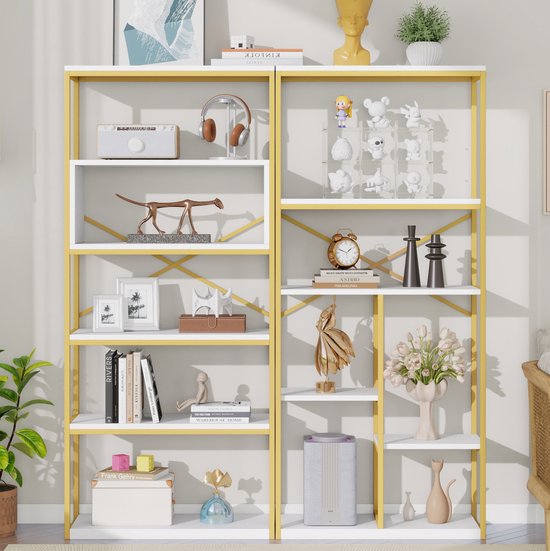 Wishdor Boekenkast - Open rek met X-versteviging - Modern minimalistisch - Woonkamer slaapkamer hal kantoor - Metaal en MDF - Goud en wit - 160 x 29,5 x 180 cm