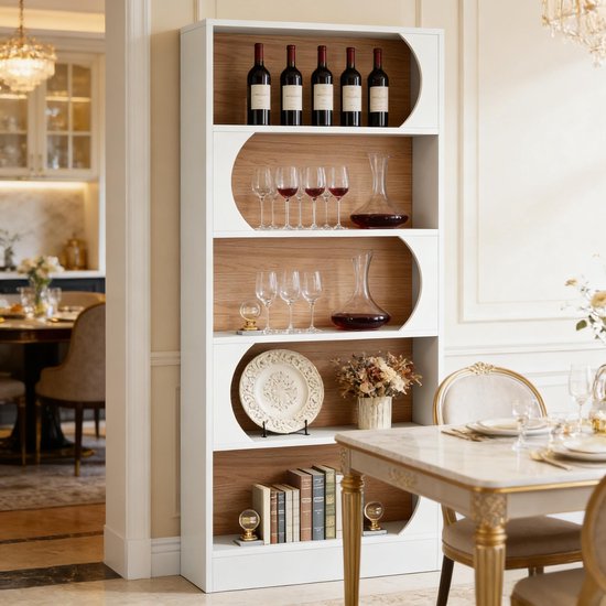 Wishdor Boekenrek - Vrijstaand met 5 planken en anti-kantelbeveiliging - Wit MDF - Open displaykast voor woonkamer, slaapkamer en kantoor - 80 x 30 x 180 cm