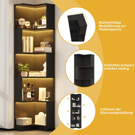 Wishdor Hoekboekenkast - L-vormig ontwerp met ledlicht - Vijf open vakken en appbediening - Zwart MDF - Woonkamer kantoor werkruimte - 63,5 x 45 x 175 cm