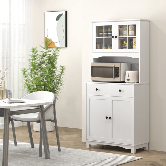 Wishdor - Keukenkast - Microgolfruimte en glazen vitrinedeuren - 2 lades en verstelbare planken - Modern - Keuken of eetkamer - Houtlook - Wit - 74,5 x 40 x 172 cm