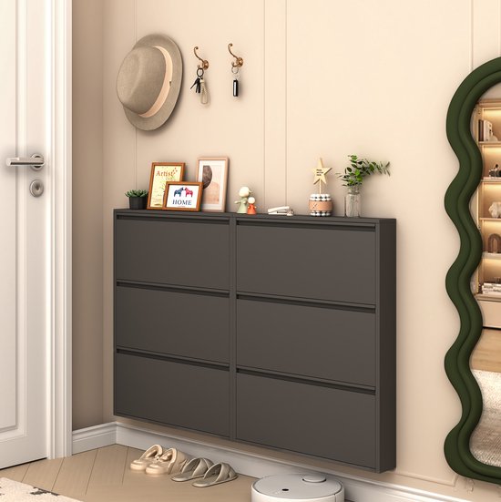 Wishdor Schoenenkast - Wandmontage en 3 kleppen - Smal verborgen ontwerp - Ruimtebesparend voor hal en entree - Metaal - Zwart - 89 x 44,5 x 11,5 cm