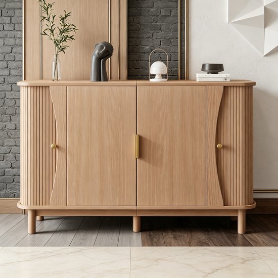 Wishdor Sideboard 140 x 40 x 88 cm - Opbergkast met afgeronde randen - schuifdeuren - verstelbare plank - MDF - naturel hout
