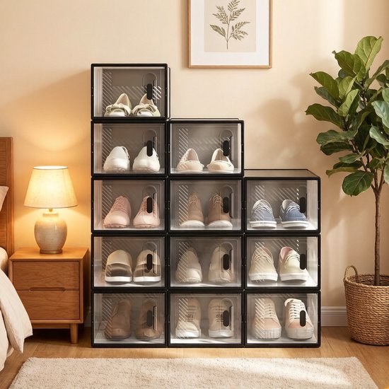 Wishdor Stapelbare schoenopbergbox - Transparant zwart - Modulair - Met voorklep - 12 stuks - Kunststof - 50 x 35,5 x 111,5 cm