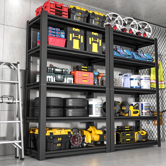 Wishdor Stellingkast - 5 niveaus en verstelbare legplanken - Metalen opbergrek met hoge draagkracht - Industrieel - Garage kelder werkplaats - Zwart - 120 x 45,7 x 198 cm
