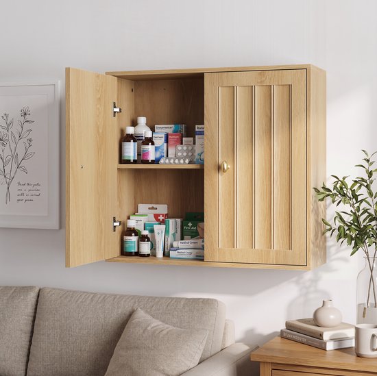 Wishdor Wandkast badkamer - Medicijnkast met twee deuren en verticale groeven - Wandmontage - Eiken - L 61,5 x B 20 x H 56 cm