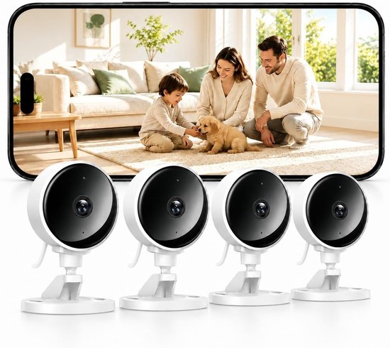 WLAN-Camera voor binnen, 1080p HD-video, Bewakingscamera Voor Binnenshuis, Nachtzicht, Bidirectionele Audio, Bewegingsdetectie en Meldingen, SD-kaart en Cloudopslag, 2.4G WIFI, 4-Pack