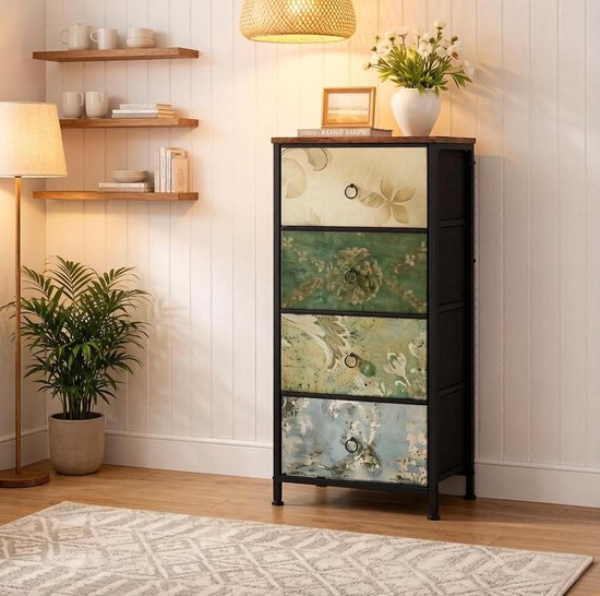 WUVRIE - Ladekast met 4 stoffen laden - Metaal en hout - 45 x 94,5 x 30 cm - Bruin/bloemenmotief