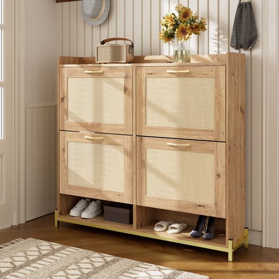 WUVRIE - Schoenenkast 108,5 x 24 x 100 cm - 4 deuren en metalen frame - Houtkleur