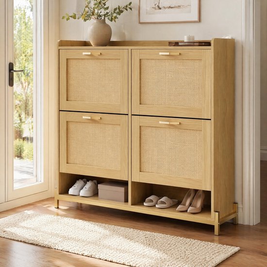 WUVRIE - Schoenenkast 108,5 x 24 x 100 cm - 4 rotandeuren en metalen frame - Licht eiken
