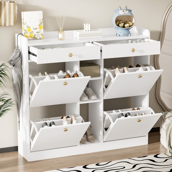 WUVRIE - Schoenenkast 110 x 26 x 100 cm - 4 klapdeuren, 2 lades en 3 open vakken - Wit