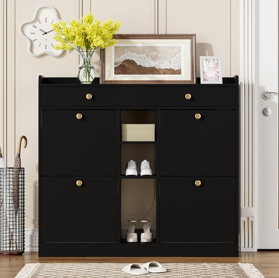 WUVRIE - Schoenenkast 110 x 26 x 100 cm - 4 klepdeuren, 2 lades en 3 open vakken - Zwart