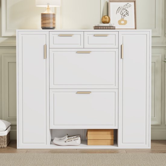 WUVRIE - Schoenenkast 120 x 24 x 107 cm - 2 deuren, 2 lades en verstelbare legplanken - Wit