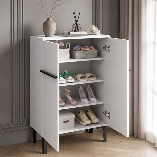 WUVRIE - Schoenenkast 60 x 34,5 x 95 cm - Dubbele deuren en verstelbare planken - Wit/zwart