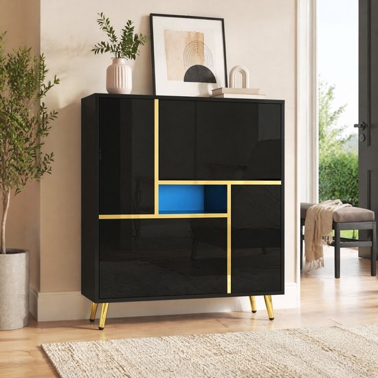 WUVRIE - Schoenenkast 80 x 25 x 96 cm - Hoogglansfront met 16-kleuren-LED - Zwart