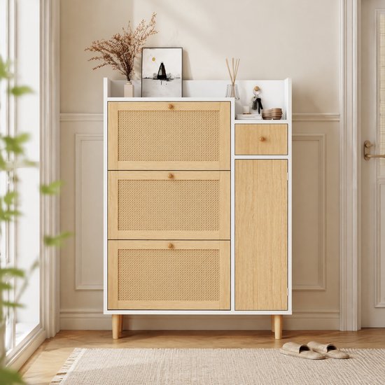 WUVRIE - Schoenenkast 90 x 125 x 17 cm - 3 klepdeuren, lade en verstelbare legplanken - Naturel/wit