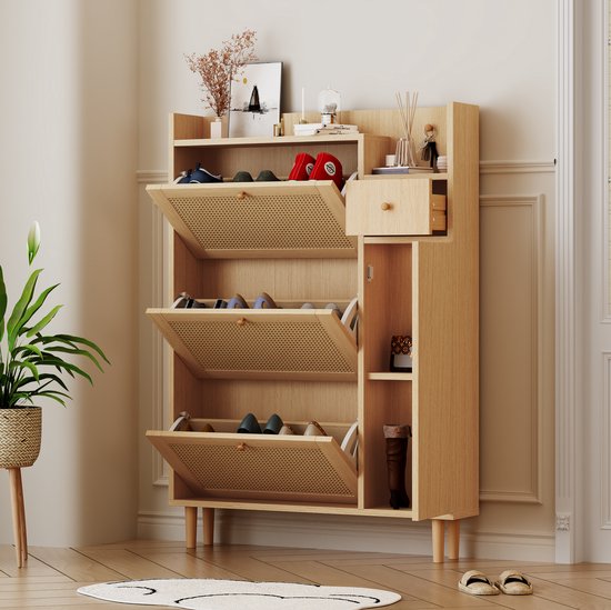WUVRIE - Schoenenkast 90 x 17 x 125 cm - 3 klepdeuren en 1 lade - Rattanlook - Naturel
