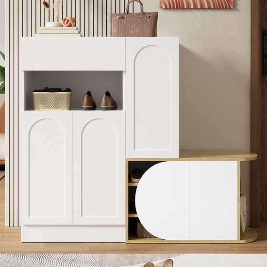 WUVRIE - Schoenenkast met zitbank 130 x 35 x 110,5 cm - 1 lade, 5 deuren en open vak - Wit/naturel