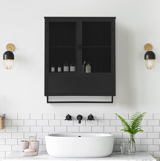 WUVRIE - Wandkast 60 x 23 x 78 cm - 2 glazen deuren, open vak en handdoekrek - Zwart