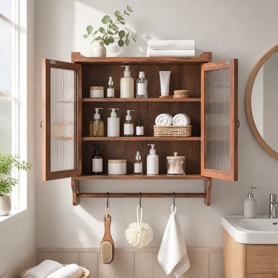 WUVRIE - Wandkast 63 x 18 x 60 cm - 2 glazen deuren, 3 lagen en handdoekrek - Bruin