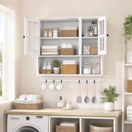 WUVRIE - Wandkast 88 x 26 x 82,5 cm - 3 deuren, open vak en handdoekrek - Wit