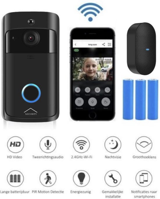 Xecurity X-One Deurbelset - HD WiFi Video Deurbel Draadloos met Camera - All Black van Xecurity