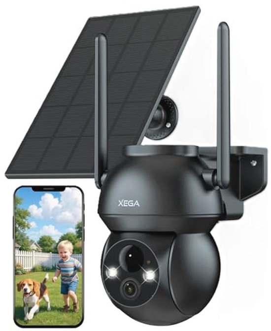 Xega 2K Zonne-energie CCTV-bewakingscamera Buiten Draadloos, 360° Beeld PTZ Beveiligingscamera met WiFi, Oplaadbare Batterij IP-camera, Kleur Nachtzicht, Tweerichtingsaudio, PIR-detectie, IP66
