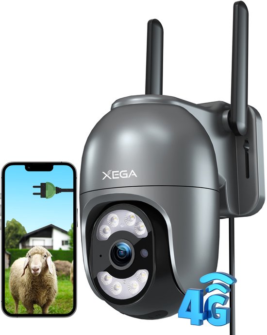 Xega 4G Buiten Beveiligingscamera met SIM Kaart - 24/7 Continue Opname Mensendetectie & Automatische Tracking, 2K HD Nachtzicht, IP66 Waterdicht Buiten Camera van Merkloos