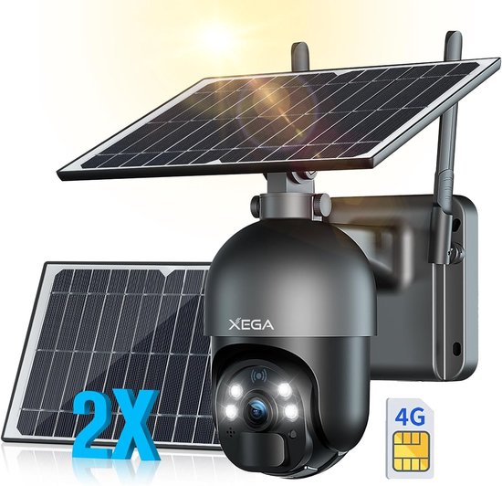 Xega 4G LTE Buiten Beveiligingscamera met 2 Zonnepanelen - 10400mAh Accu, 2K HD, PIR Bewegingssensor, Nachtzicht, Tweeweg Audio, SIM Kaart Inbegrepen van Merkloos