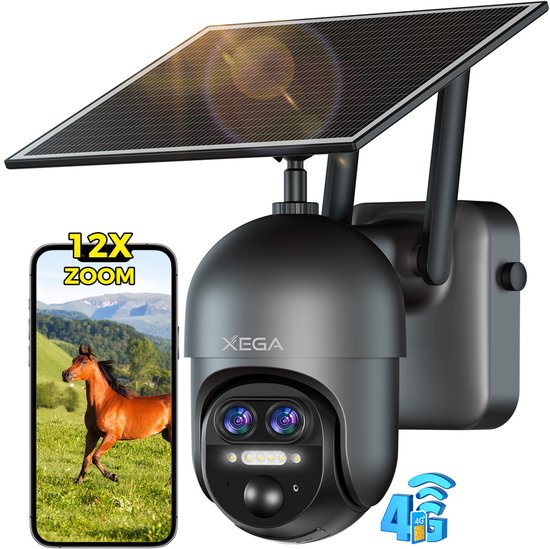 Xega 4G LTE Buitencamera - Dual Lens PTZ | 12x Zoom | Zonnepaneel | Tweerichtingsspraak - 2K Kleur Nachtzicht | IP66 Beveiligingscamera van Merkloos