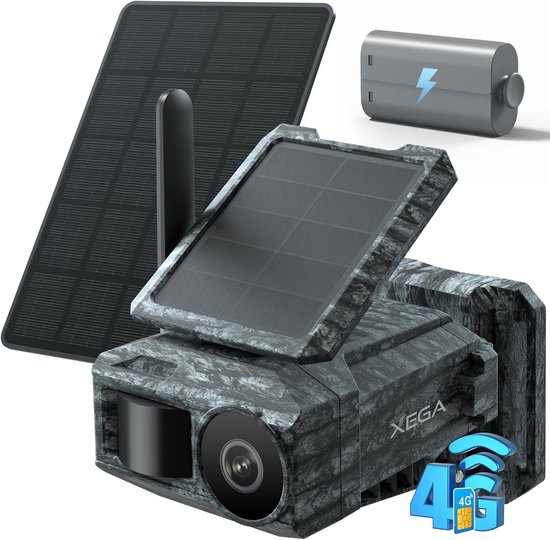 Xega 4G LTE Solar bewakingscamera met simkaart en 2 zonnepanelen – buiten wildcamera bewegingsdetectie, lichtvrij nachtzicht, 220°-rotatie, real-time app-meldingen (wifi niet ondersteund)