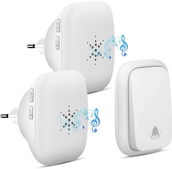 YAGXIG Draadloze Deurbel (Zonder Batterijen) - Inclusief 2 Ontvangers - Waterdichte Knop - Zendbereik van 150 m - Ingebouwde 38 Beltonen, Volumeregeling in 4 standen en LED-indicator — Wit