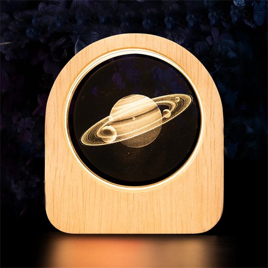 Ynkkvre -Saturnus 3D Kristallen Nachtlamp – K9 Kristal met Houten Basis – Galaxy Planeet LED Nachtlicht – Astronomie Decoratie & Cadeau voor Kinderen en Volwassenen van Ynkkvre