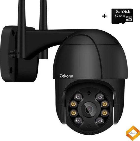 Zekona 20C Zwart - Full HD Beveiligingscamera - IP Camera Beveiliging - Outdoor Beveiliging - Bewakingscamera voor Binnen & Buiten - Buiten Camera met Nachtzicht - Indoor Camera met Meeluister Functie - WiFi 4x Digitale Zoom + 32 GB SD Kaart van Merkloos