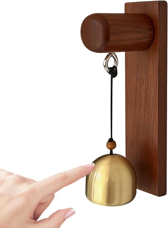 Zelfklevende Deurbel - Houten Klok - Winkel Verwitten - Aangename Koperen Toon - 15 cm - Zwarte Walnoot