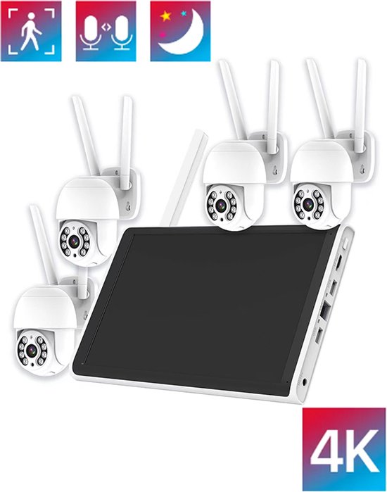 Zexi Beveiligingscamera met scherm | 4 Camera’s | Wifi Camera Set | Dome IP Camera’s | Bewegingsdetectie gekleurd nachtzicht | Audio | AI Bestuurbaar | 500 GB van Zexi