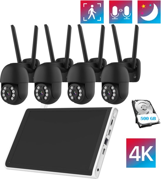 Zexi Beveiligingscamera met scherm | 4 Camera’s | Wifi Camera Set | Dome IP Camera’s | Bewegingsdetectie gekleurd nachtzicht | Audio | AI Bestuurbaar | Zwart Kleur | 500 GB van Zexi
