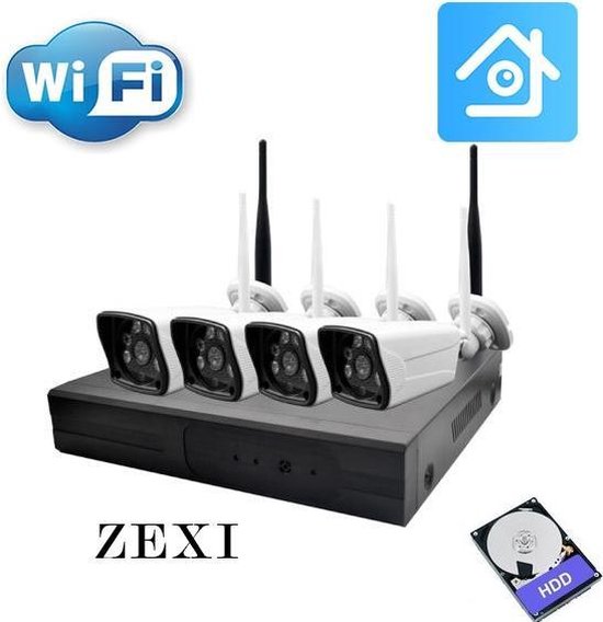 ZEXI Wifi Kit - Camera beveiliging systeem - Wifi - Voor Buiten - 4 Camera's - Draadloos - Compleet Systeem - Met 500 GB - Wit van Zexi