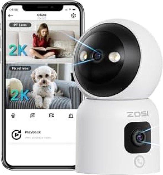 ZOSI Indoor Security Camera met Dual Lens 3MP+3MP, 2.4/5GHz Wi-Fi, Persoonsherkenning en Tracking, Knop/OK Gesture Call, Kleur Nachtzicht, C528D van Merkloos