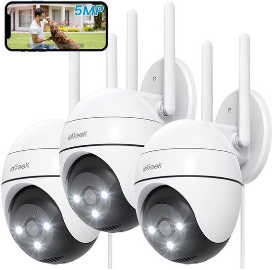 ZS-GQ4 Camerabewaking – 3K HD 5MPx Beveiligingscamera Buiten - Buiten Camera Met Nachtzicht – Buitencamera - Bewakingscamera voor Buiten- Met WiFi en APP - 360° horizontaal & 130° verticaal - Wit - 3 Stuks