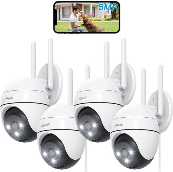 ZS-GQ4 Camerabewaking – 3K HD 5MPx Beveiligingscamera Buiten - Buiten Camera Met Nachtzicht – Buitencamera - Bewakingscamera voor Buiten- Met WiFi en APP - 360° horizontaal & 130° verticaal - Wit - 4 Stuks van Merkloos